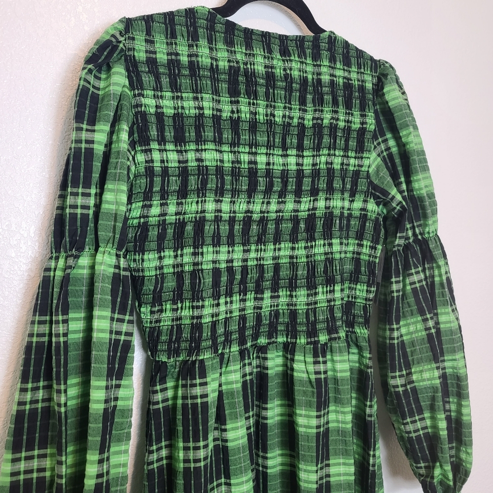 GANNI Seersucker Checked Smocked Maxi Dress in Green NWT Size 40 - Picture 12 of 14